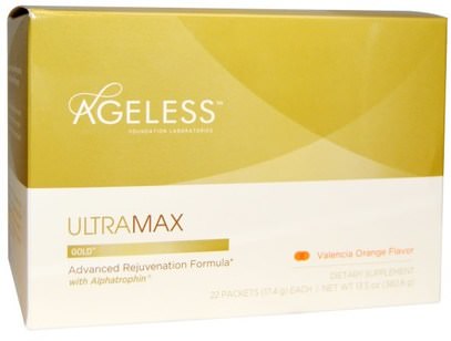 Ageless Foundation Laboratories, UltraMax Gold, Advanced Rejuvenation Formula with Alphatrophin, Valencia Orange Flavor, 22 Packets, 13.5 oz (17.4 g) Each ,المكملات الغذائية، المكملات الابتنائية، ه، مكافحة الشيخوخة
