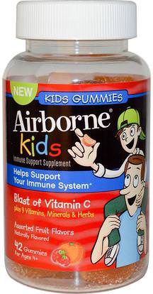 AirBorne, Kids, Blast of Vitamin C, Assorted Fruit Flavors, 42 Gummies ,والصحة، والانفلونزا الباردة والفيروسية، ونظام المناعة، وصحة الأطفال، والأطفال غوميز