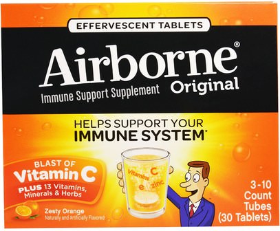 AirBorne, Original, Immune Support, Blast of Vitamin C, Zesty Orange, 3 Tubes, 10 Effevescent Tablets Each ,والصحة، والانفلونزا الباردة والفيروسية، ونظام المناعة، إفيرزانسنس المحمولة جوا