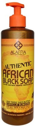 Alaffia, Authentic African Black Soap, Vanilla Almond, 16 fl oz (475 ml) ,حمام، الجمال، الصابون، الصابون الأسود، الشعر، فروة الرأس، الشامبو، مكيف