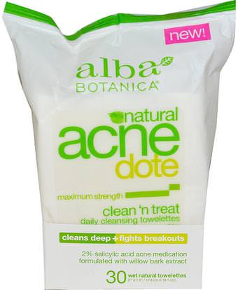 Alba Botanica, Acne Dote, Daily Cleansing Towelettes, Oil Free, 30 Wet Towelettes ,الجمال، حب الشباب منتجات موضعية، العناية بالوجه، منظفات الوجه