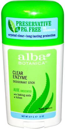 Alba Botanica, Clear Enzyme, Deodorant Stick, Aloe Unscented, 2 oz (57 g) ,حمام، الجمال، مزيل العرق