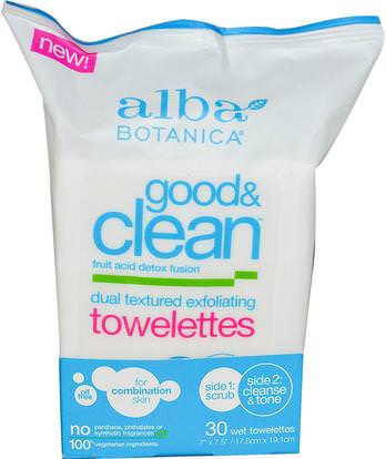 Alba Botanica, Good & Clean, Dual Textured Exfoliating Towelettes, Oil Free, 30 Wet Towelettes ,الجمال، العناية بالوجه، منظفات الوجه، مناديل الوجه