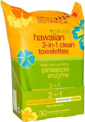 Alba Botanica, Natural Hawaiian 3-in-1 Clean Towelettes, Pineapple Enzyme, 30 Wet Towelettes ,الجمال، العناية بالوجه، المطهرات الوجه، جلد