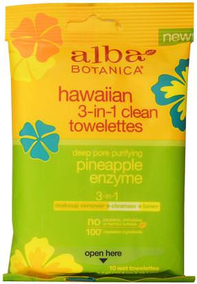 Alba Botanica, Hawaiian 3-in-1 Clean Towelettes, Pineapple Enzyme, 10 Wet Towelettes ,الجمال، العناية بالوجه، منظفات الوجه، ألبا، بوتانيكا، هاواي، لين