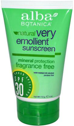 Alba Botanica, Natural Very Emollient, Sunscreen, Fragrance Free, SPF 30, 4 oz (113 g) ,حمام، الجمال، واقية من الشمس، سف 30-45