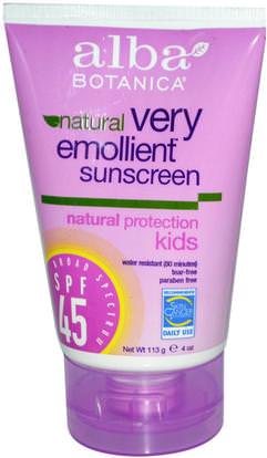 Alba Botanica, Natural Very Emollient, Sunscreen, Kids, SPF 45, 4 oz (113 g) ,حمام، الجمال، واقية من الشمس، سف 30-45، والأطفال والطفل واقية من الشمس