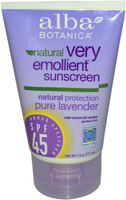 Alba Botanica, Natural Very Emollient, Sunscreen, Pure Lavender, SPF 45, 4 oz (113 g) ,حمام، الجمال، واقية من الشمس، سف 30-45
