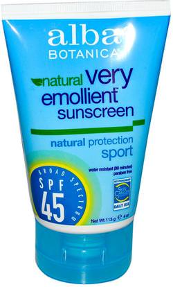 Alba Botanica, Natural Very Emollient, Sunscreen, Sport, SPF 45, 4 oz (113g) ,حمام، الجمال، واقية من الشمس، سف 30-45