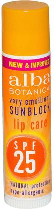 Alba Botanica, Very Emollient, Sunblock, Lip Care, SPF 25.15 oz (4.2 g) ,حمام، الجمال، العناية الشفاه، بلسم الشفاه