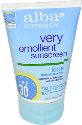 Alba Botanica, Very Emollient, Sunscreen, Kids, SPF 30, 4 oz (113 g) ,حمام، الجمال، واقية من الشمس، سف 30-45، والأطفال والطفل واقية من الشمس