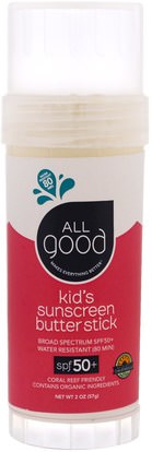 All Good Products, Kids Sunscreen Butter Stick, SPF 50+, 2 oz (57 g) ,حمام، الجمال، واقية من الشمس، سف 50-75، والأطفال والطفل واقية من الشمس