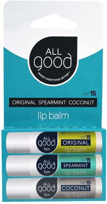 All Good Products, Lip Balm, SPF 15, Original, Spearmint, Coconut, 3 Pack, 4.25 g Each ,حمام، جمال، العناية الشفاه، بلسم الشفاه، هدية مجموعات