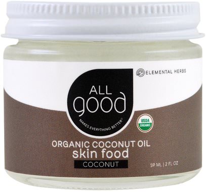 All Good Products, Organic Coconut Oil, Skin Food, Coconut, 2 fl oz (59 ml) ,الطعام، زيت جوز الهند، حمم، الجمال
