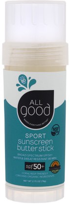 All Good Products, Sport Sunscreen Butter Stick, SPF 50+, 2.75 oz (78 g) ,حمام، الجمال، واقية من الشمس، سف 50-75