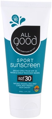 All Good Products, Sport Sunscreen, SPF 30, 3 fl oz (89 ml) ,الجمال، العناية بالوجه