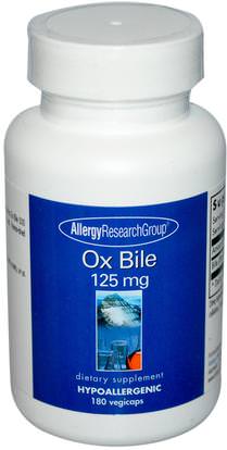 Allergy Research Group, Ox Bile, 125 mg, 180 Vegicaps ,المكملات الغذائية، منتجات الأبقار، الإنزيمات، حمض الصفراء
