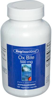 Allergy Research Group, Ox Bile, 500 mg, 100 Vegetarian Capsules ,المكملات الغذائية، منتجات الأبقار، الإنزيمات، حمض الصفراء