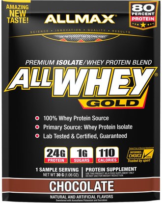 ALLMAX Nutrition, AllWhey Gold, 100% Whey Protein + Premium Whey Protein Isolate, Chocolate, 1.06 oz (30 g) ,والرياضة، والمكملات الغذائية، بروتين مصل اللبن