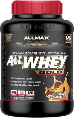 ALLMAX Nutrition, AllWhey Gold, 100% Whey Protein + Premium Whey Protein Isolate, Chocolate Peanut Butter, 5 lbs. (2.27 kg) ,المكملات الغذائية، بروتين مصل اللبن، والرياضة