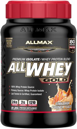 ALLMAX Nutrition, AllWhey Gold, 100% Whey Protein + Premium Whey Protein Isolate, Cinnamon French Toast, 2 lbs (907 g) ,المكملات الغذائية، بروتين مصل اللبن، والرياضة