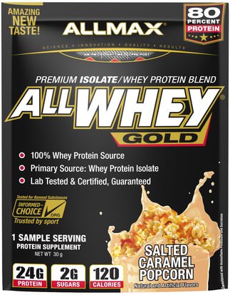 ALLMAX Nutrition, AllWhey Gold, 100% Whey Protein + Premium Whey Protein Isolate, Salted Caramel Popcorn, Trial Size, 30 g ,والرياضة، والمكملات الغذائية، بروتين مصل اللبن