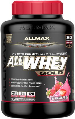ALLMAX Nutrition, AllWhey Gold, 100% Whey Protein + Premium Whey Protein Isolate, Strawberry, 5 lbs. (2.27 kg) ,المكملات الغذائية، بروتين مصل اللبن، والرياضة