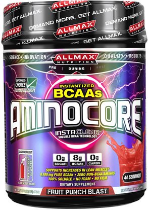 ALLMAX Nutrition, Aminocore, BCAA Max Strength, 8G Branched Chain Amino Acid, Gluten Free, Fruit Punch Blast, 1 lbs. (462 g) ,رياضات