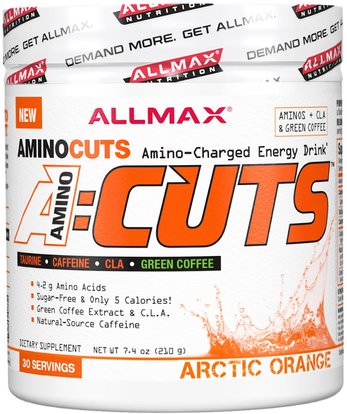 ALLMAX Nutrition, AMINOCUTS (ACUTS), BCAA + Taurine + CLA + Green Coffee, Arctic Orange, 7.4 oz (210 g) ,المكملات الغذائية، والأحماض الأمينية، والرياضة، بكا (متفرعة سلسلة الأحماض الأمينية)