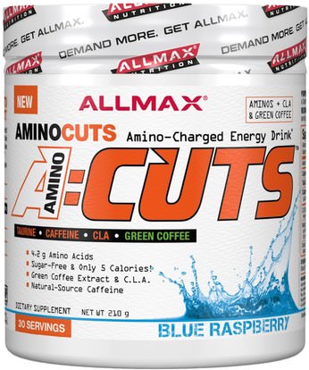 ALLMAX Nutrition, AMINOCUTS (ACUTS), BCAA + Taurine + CLA + Green Coffee, Blue Raspberry, 7.4 oz (210 g) ,والصحة، والطاقة، والرياضة