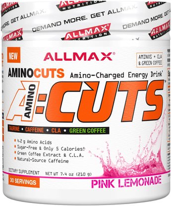 ALLMAX Nutrition, AMINOCUTS (ACUTS), BCAA + Taurine + CLA + Green Coffee, Pink Lemonade, 7.4 oz (210 g) ,المكملات الغذائية، والأحماض الأمينية، والرياضة، بكا (متفرعة سلسلة الأحماض الأمينية)