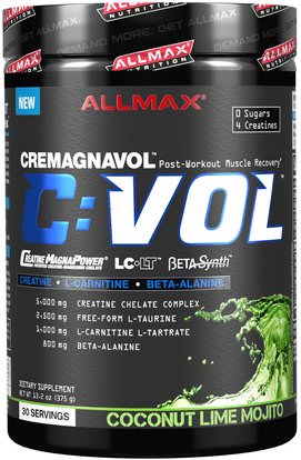 ALLMAX Nutrition, C:VOL, Professional-Grade Creatine + Taurine + L-Carnitine Complex, Coconut Lime Mojito, 13.2 oz (375 g) ,الرياضة، الكرياتين