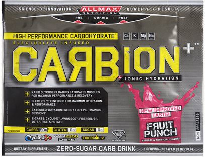 ALLMAX Nutrition, CARBion+, Maximum Strength Electrolyte + Hydration Energy Drink, Fruit Punch, Trial Size, 0.99 oz (28 g) ,والرياضة، تجريب، بالكهرباء شرب التجديد