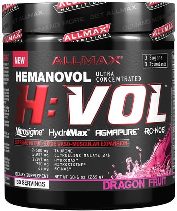 ALLMAX Nutrition, H:VOL, Nitric Oxide Pre-Workout + Vascular Blood Volumizer, Dragon Fruit Punch, 10.1 oz (285 g) ,والرياضة، تجريب