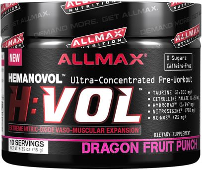 ALLMAX Nutrition, H:VOL, Nitric Oxide Pre-Workout + Vascular Blood Volumizer, Dragon Fruit Punch, 3.35 oz (95 g) ,والرياضة، تجريب