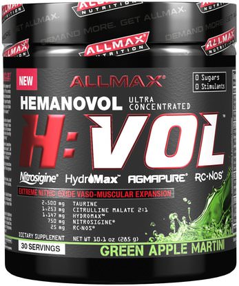 ALLMAX Nutrition, H:VOL, Nitric Oxide Pre-Workout + Vascular Blood Volumizer, Green Apple Martini, 10.1 oz (285 g) ,والرياضة، وأكسيد النيتريك