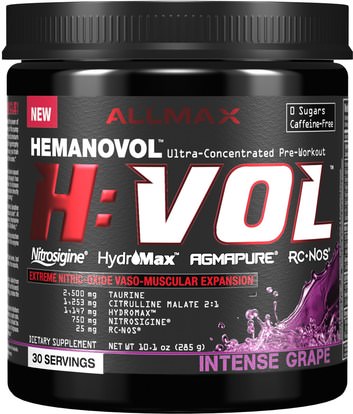 ALLMAX Nutrition, H:VOL, Nitric Oxide Pre-Workout + Vascular Blood Volumizer Intense Grape, 10.1 oz (285 g) ,والرياضة، والرياضة