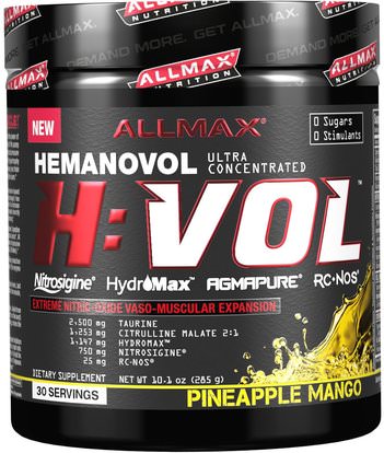 ALLMAX Nutrition, H:VOL, Nitric Oxide Pre-Workout + Vascular Blood Volumizer, Pineapple Mango, 10.1 oz (285 g) ,والرياضة، وأكسيد النيتريك