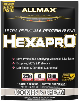 ALLMAX Nutrition, Hexapro, Ultra-Premium, 6-Protein Blend, Cookies & Cream, 1 Sample Serving, 1.55 oz (44 g) ,والرياضة، والمكملات الغذائية، بروتين مصل اللبن