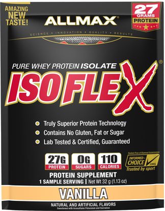 ALLMAX Nutrition, Isoflex, 100% Ultra-Pure Whey Protein Isolate, Vanilla, 1 Sample Serving, 1.06 oz (30 g) ,والرياضة، والمكملات الغذائية، بروتين مصل اللبن