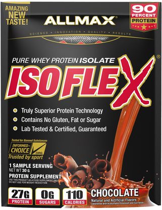 ALLMAX Nutrition, Isoflex, 100% Ultra-Pure Whey Protein Isolate (WPI Ion-Charged Particle Filtration), Chocolate, 1 Sample Serving, 1.06 oz (30 g) ,والرياضة، والمكملات الغذائية، بروتين مصل اللبن