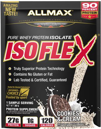 ALLMAX Nutrition, Isoflex, 100% Ultra-Pure Whey Protein Isolate (WPI Ion-Charged Particle Filtration), Cookies & Cream, 1 Sample Serving, 1.06 oz (30 g) ,والرياضة، والمكملات الغذائية، بروتين مصل اللبن