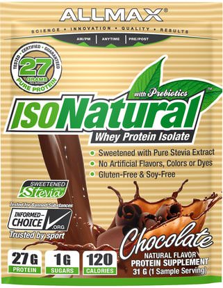ALLMAX Nutrition, IsoNatural, 100% Ultra-Pure Natural Whey Protein Isolate (WPI90), Chocolate, 31 g ,والرياضة، والمكملات الغذائية، بروتين مصل اللبن