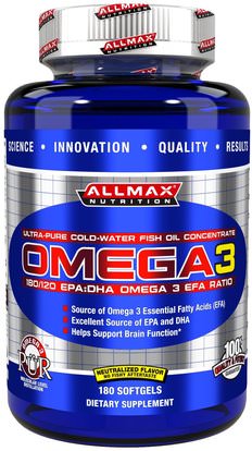 ALLMAX Nutrition, Omega 3, Ultra-Pure Cold-Water Fish Oil Concentrate, 180 Softgels ,المكملات الغذائية، إيفا أوميجا 3 6 9 (إيبا دا)، سبورتس، دا، إيبا