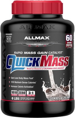 ALLMAX Nutrition, QuickMass, Weight Gainer, Rapid Mass Gain Catalyst, Cookies & Cream, 6 lbs (2.72 kg) ,المكملات الغذائية، بروتين مصل اللبن، والرياضة