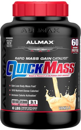 ALLMAX Nutrition, QuickMass, Weight Gainer, Rapid Mass Gain Catalyst, Vanilla, 6 lbs (2.72 kg) ,المكملات الغذائية، بروتين مصل اللبن، والرياضة