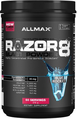 ALLMAX Nutrition, Razor 8, Pre-Workout Energy Drink With Yohimbine, Blue Rocket, 1.25 lb (570 g) ,والصحة، والطاقة، والرياضة