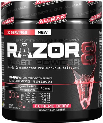 ALLMAX Nutrition, Razor 8, Pre-Workout Energy Drink with Yohimbine, Extreme Berry, 10.01 oz (285 g) ,والرياضة، تجريب
