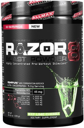 ALLMAX Nutrition, Razor 8, Pre-Workout Energy Drink with Yohimbine, Key Lime Cherry, 20.11 oz (570 g) ,الرياضة، الكرياتين