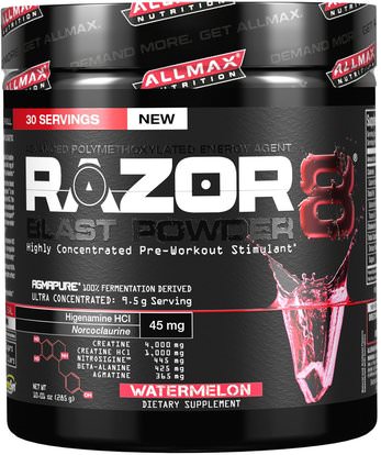 ALLMAX Nutrition, Razor 8, Pre-Workout Energy Drink with Yohimbine, Watermelon, 10.01 oz (285 g) ,الرياضة، الكرياتين